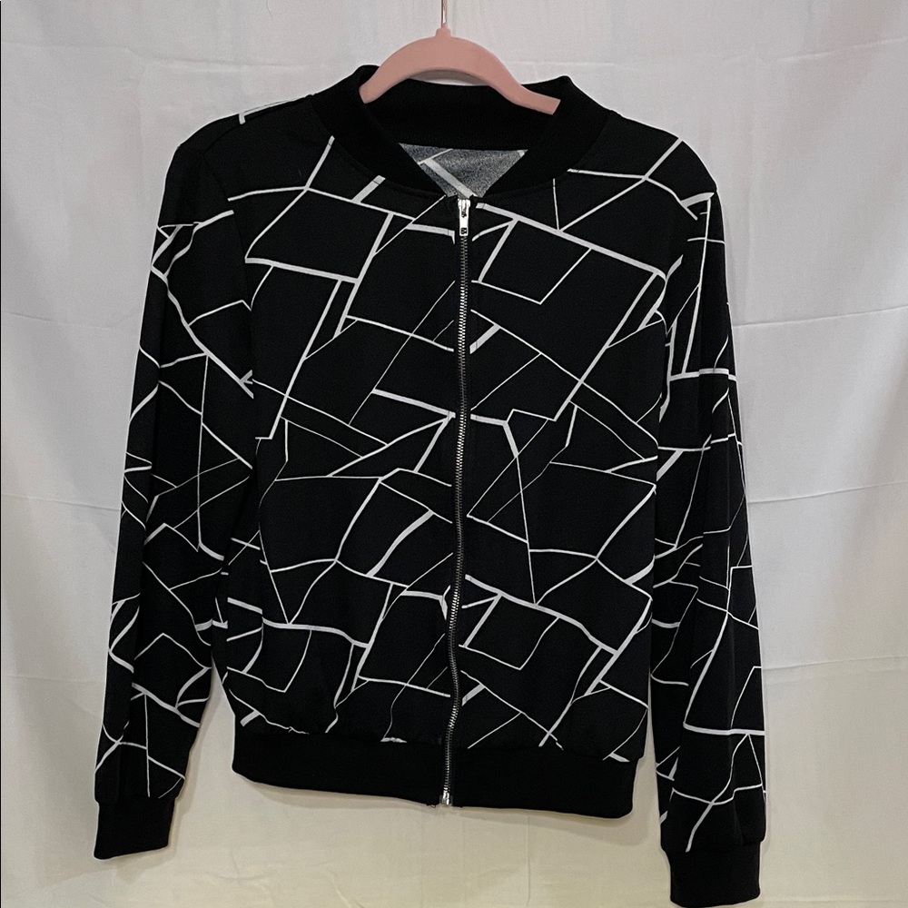 Geometric Black and White Zip-Up Jacket